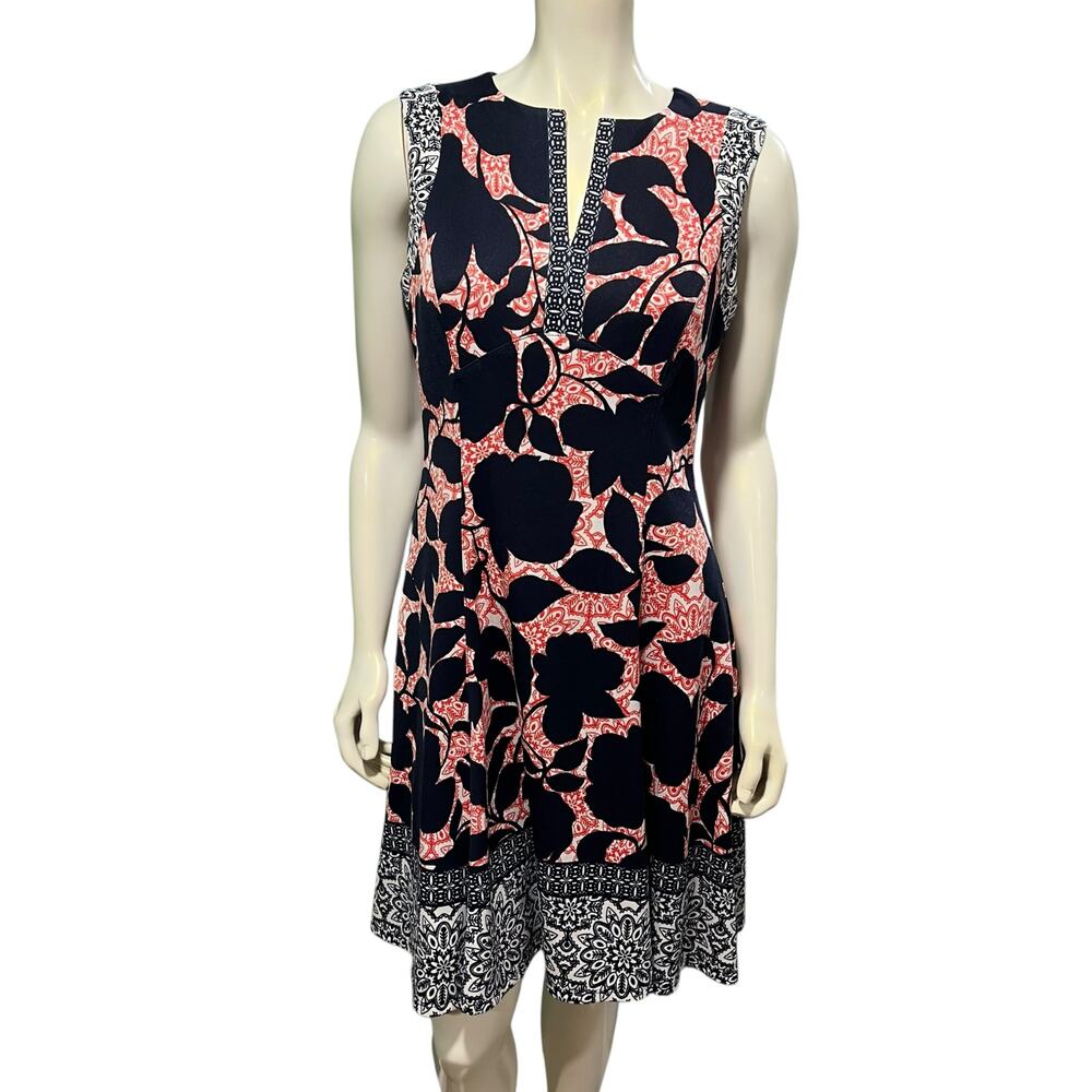 Adorne Size 6 Women Dress Navy Red White Floral V Neck Sleeveless Sheath